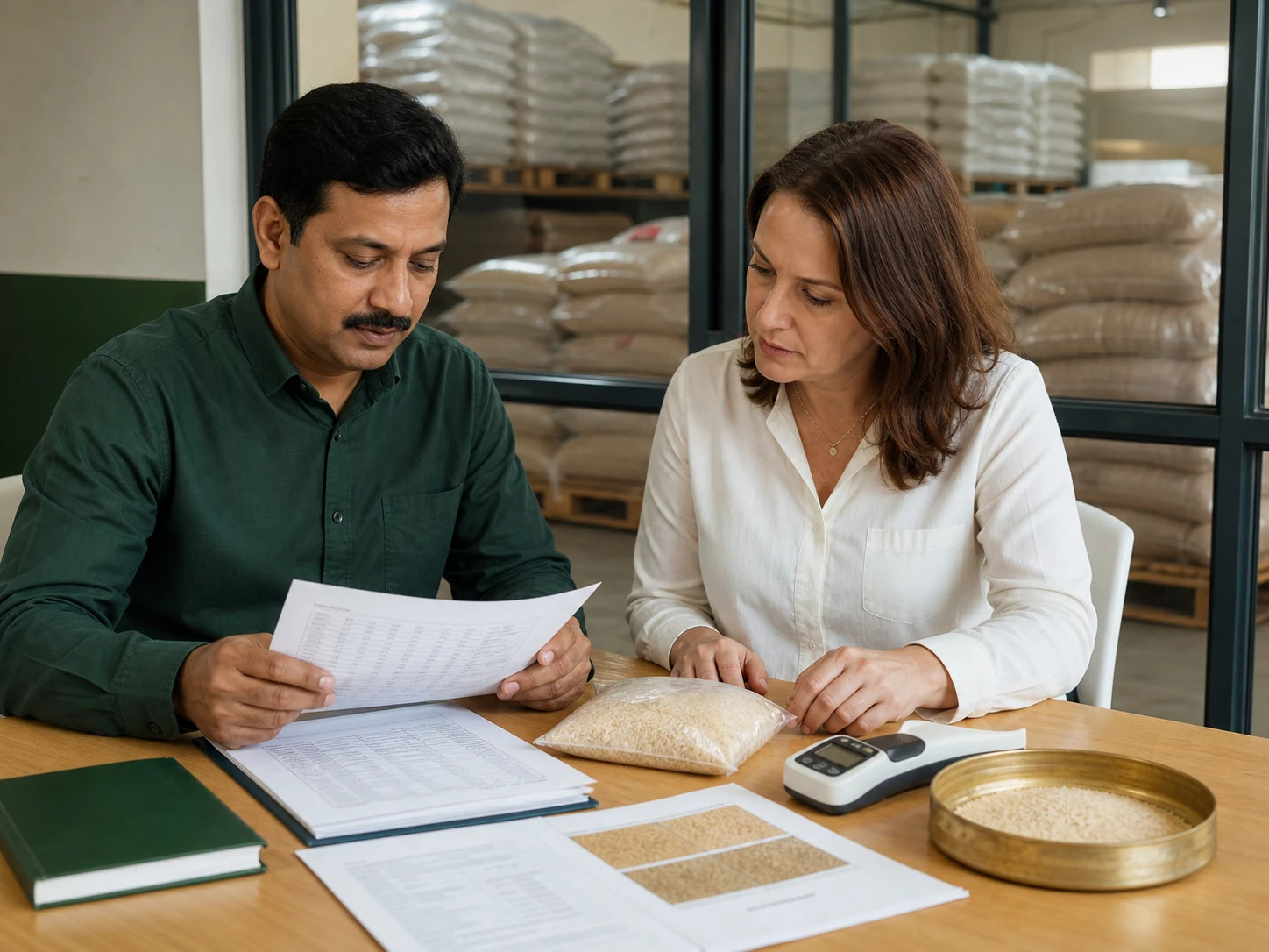 Buyer and exporter reviewing commodity specifications and trade documents