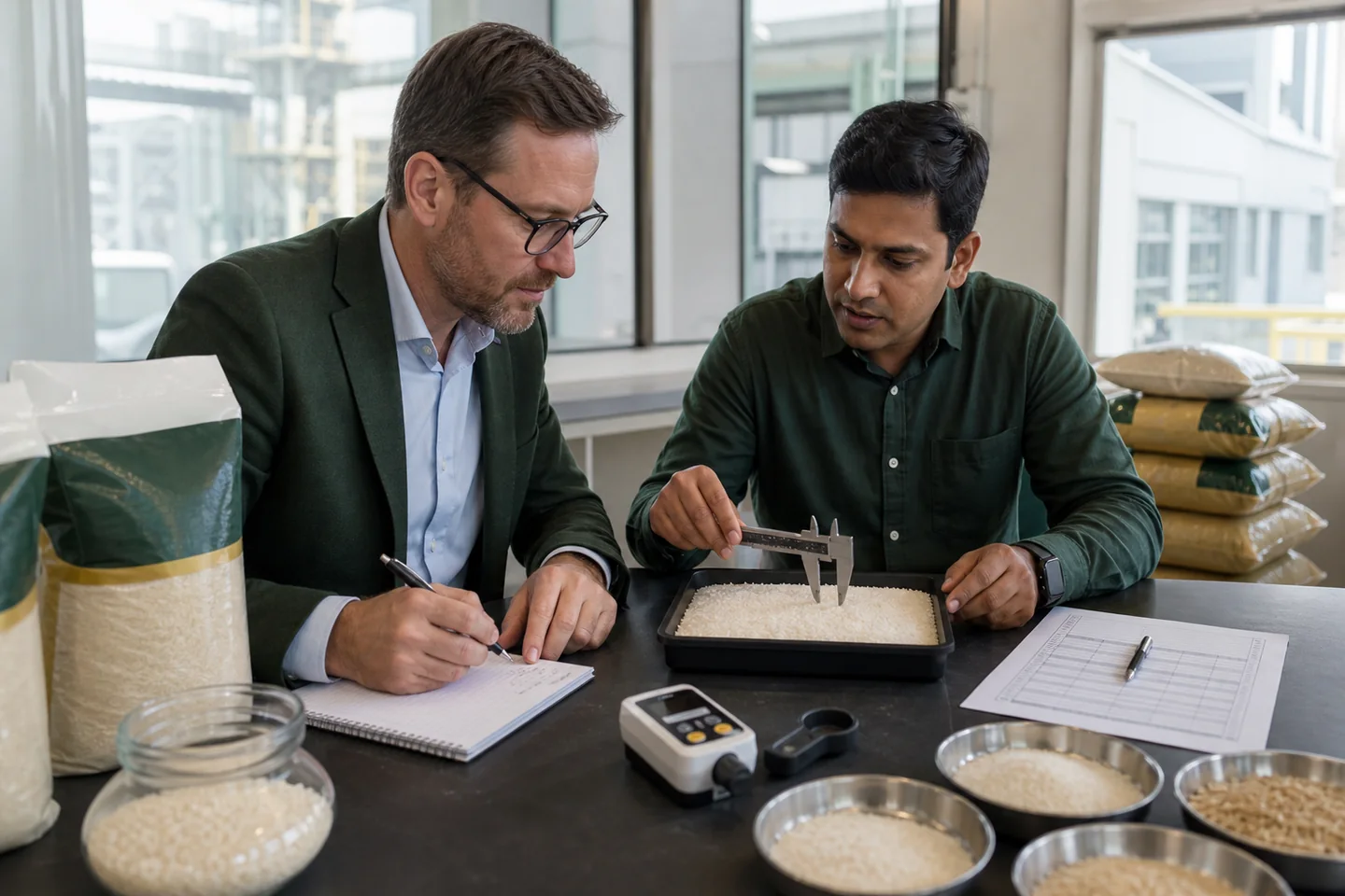 Food importer and Indian quality specialist measuring rice while reviewing a purchase specification