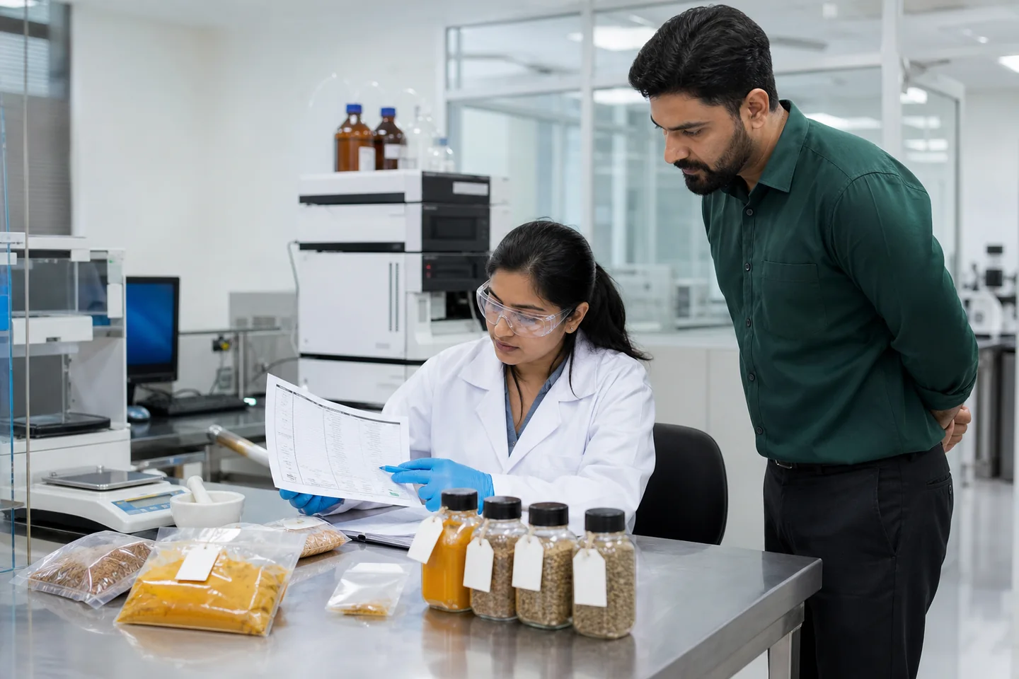 Laboratory analyst and agro commodity buyer reviewing spice test results and sealed samples