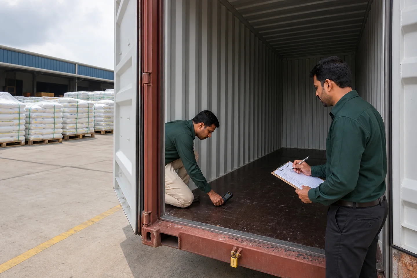 Export supervisor inspecting a clean dry shipping container before loading packaged food cargo