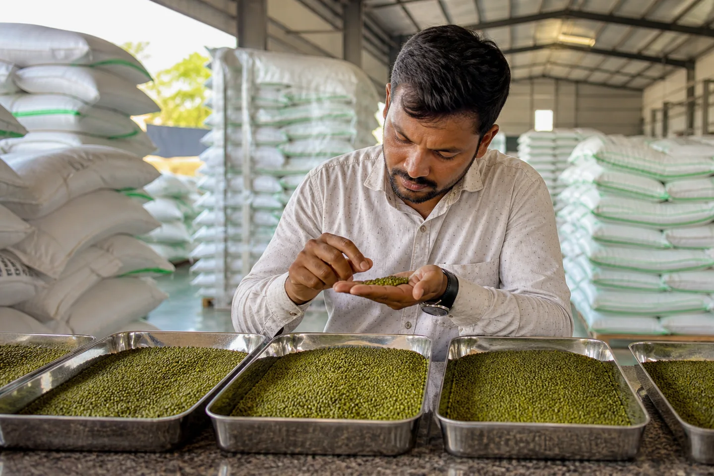 JFT Agro editorial image showing green mung bean grading