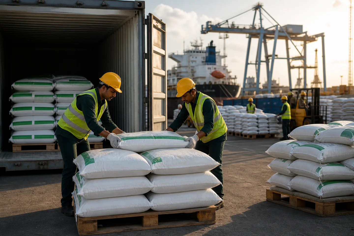 JFT Agro editorial image showing PP bag cargo prepared for Africa