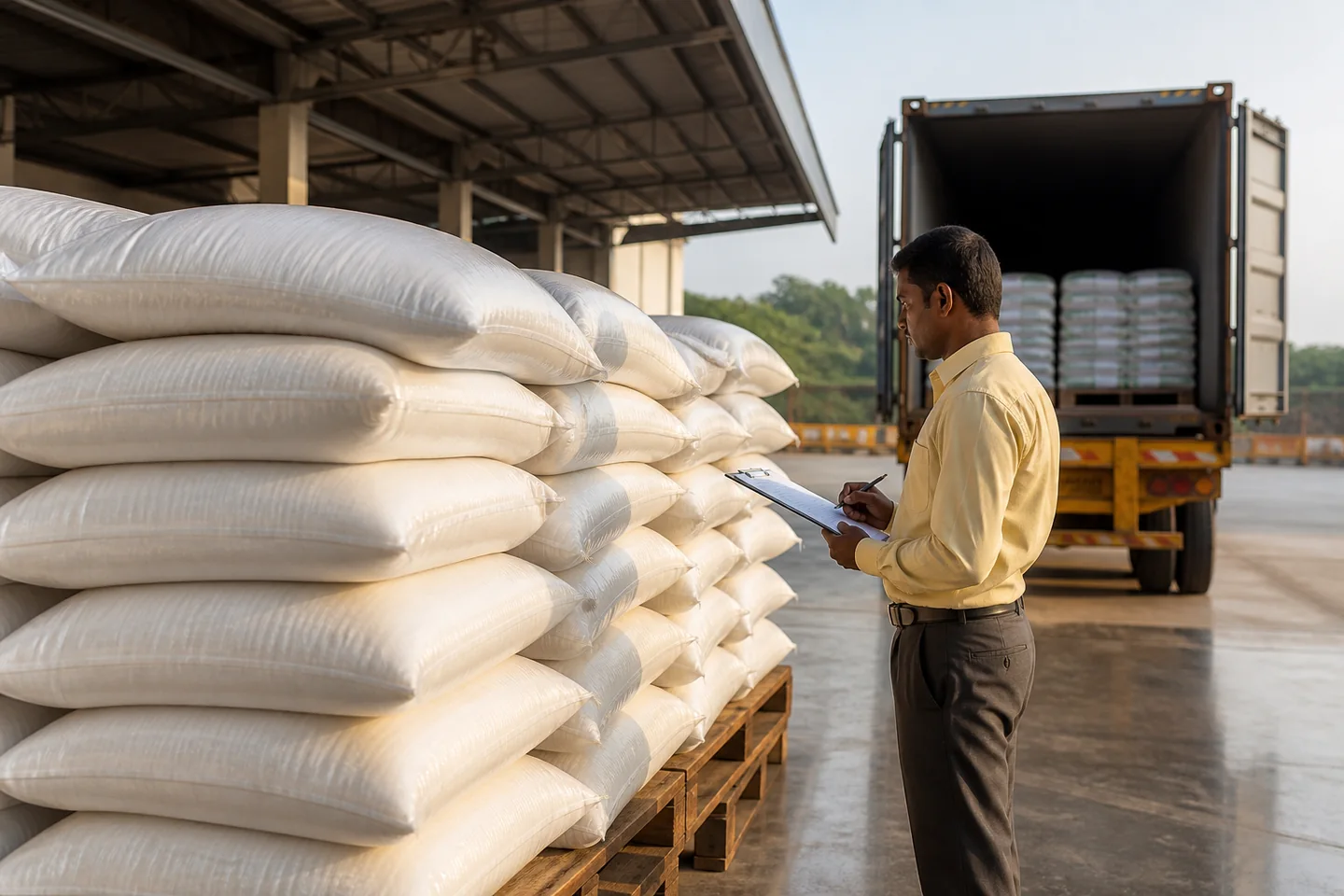 JFT Agro editorial image showing BOPP rice cargo inspection for West Africa