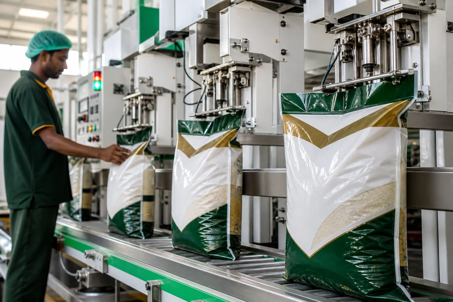 JFT Agro editorial image showing private-label BOPP rice packing line