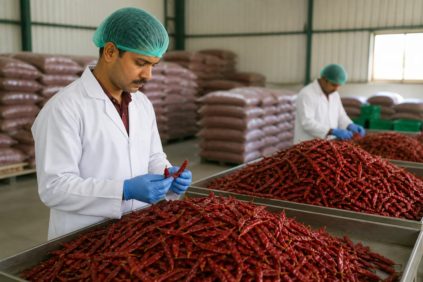 JFT Agro editorial image showing Teja red chilli quality inspection