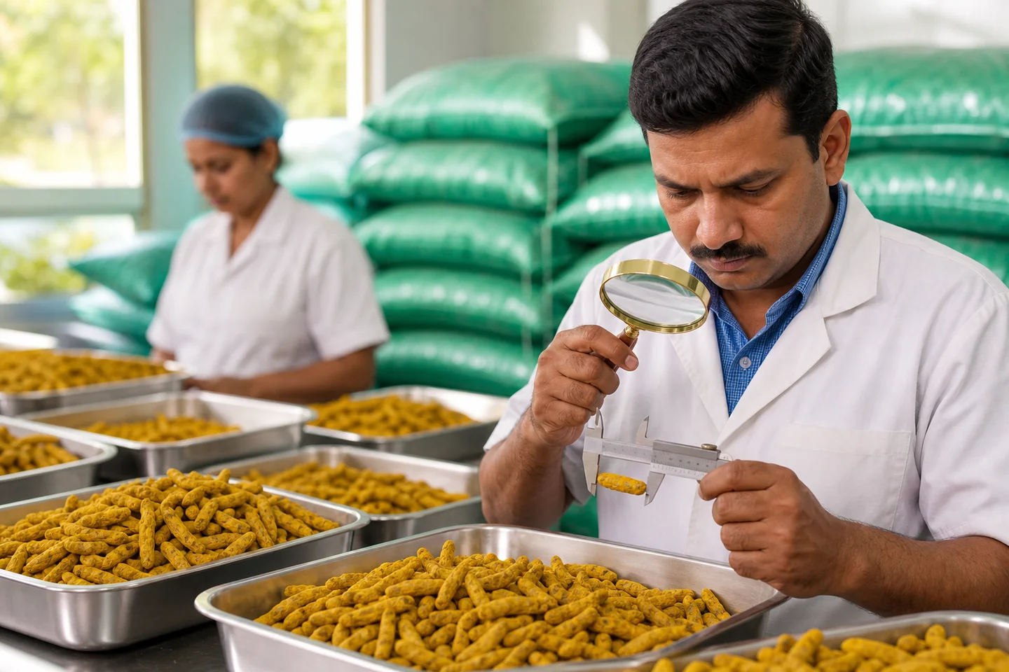 JFT Agro editorial image showing turmeric finger quality inspection