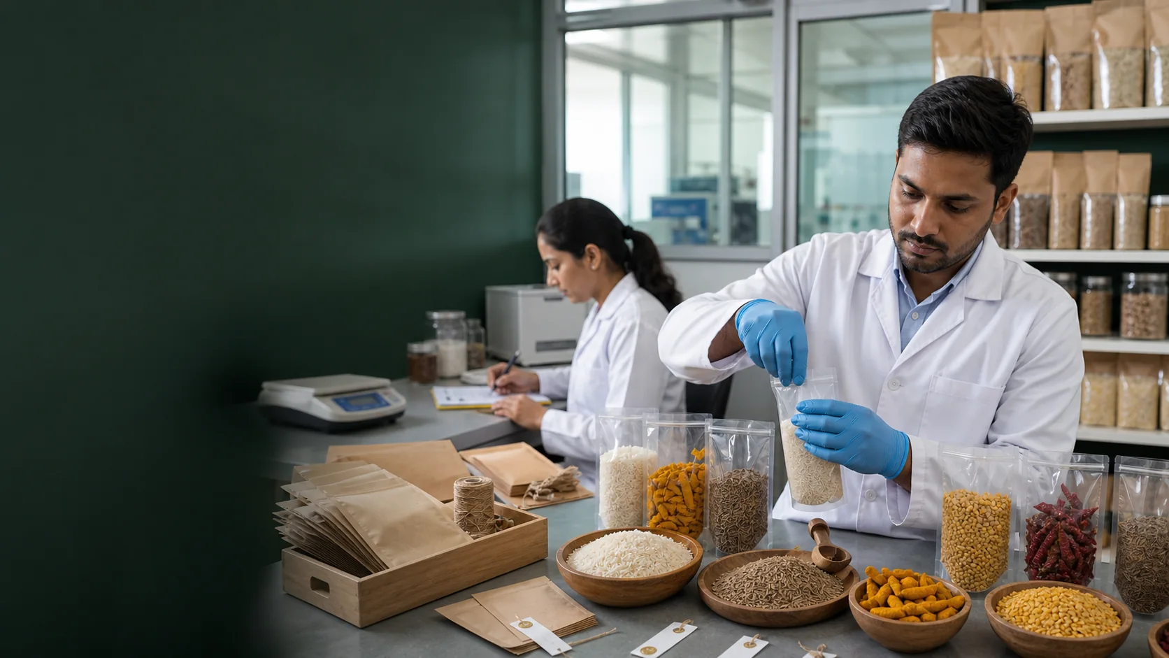 Indian quality team preparing sealed agricultural commodity samples for buyer evaluation