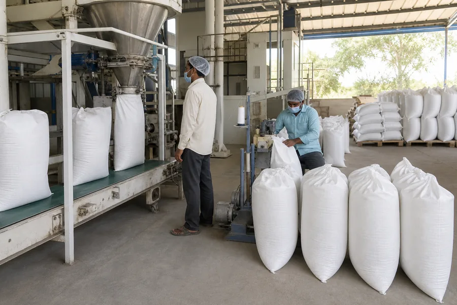 Representative export packing line filling and sealing food-grade PP sacks