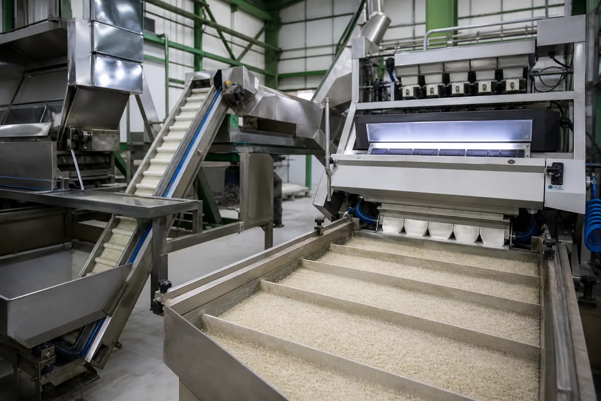 Illustrative view of rice cleaning, grading and optical sorting machinery