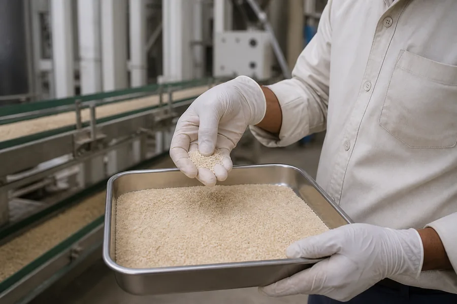 Representative rice sample inspection beside a processing line