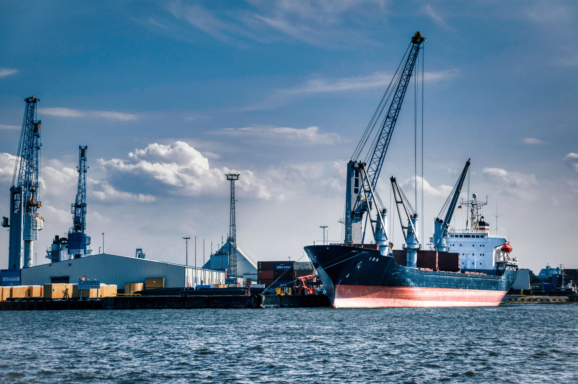 Cargo vessel berthed at an international freight terminal